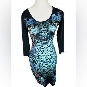 Just Cavalli Teal and Black Long Sleeve Bodycon Dress Size M